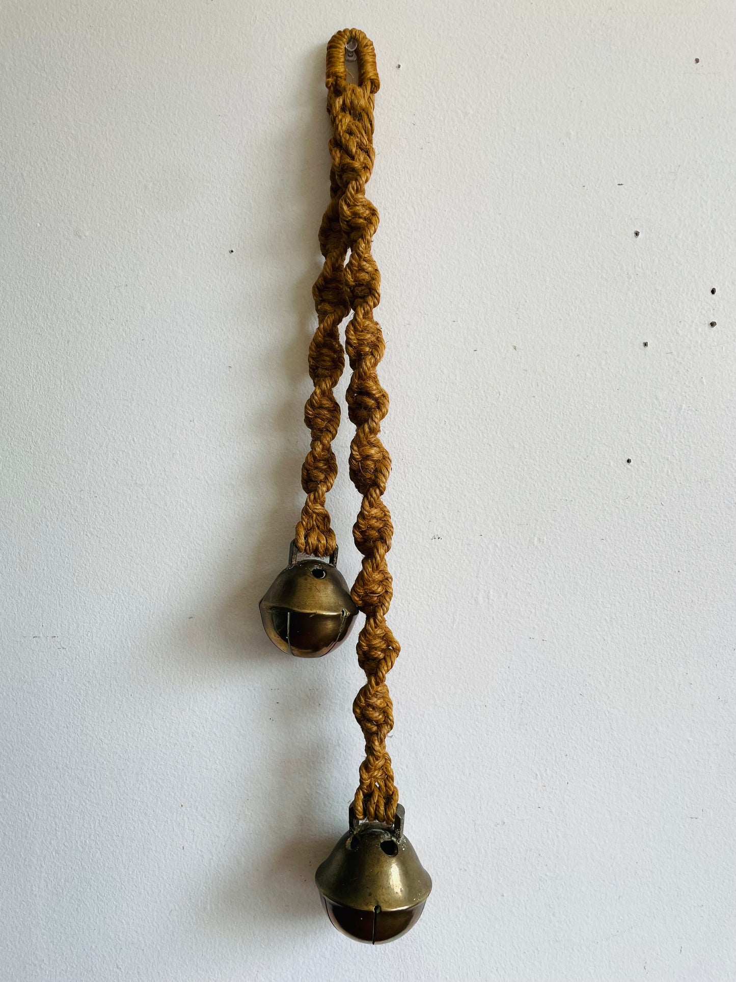 Vintage Handwoven Jute Rope Macrame Garland with Large Brass Jingle Bells - Wall Decor, Chime, Curtain Tieback, Etc.