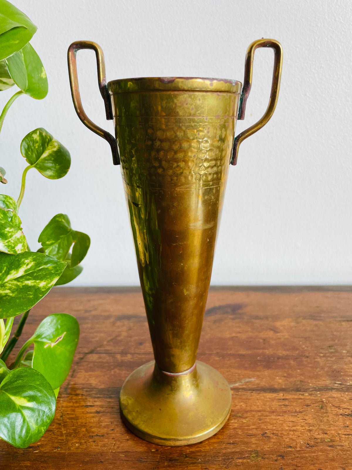 Vintage Brass Trophy Cup-Style Vase with Sand-Filled Base, Twin Handles & Aged Patina - Flowers, Feathers, Long Matches, Incense