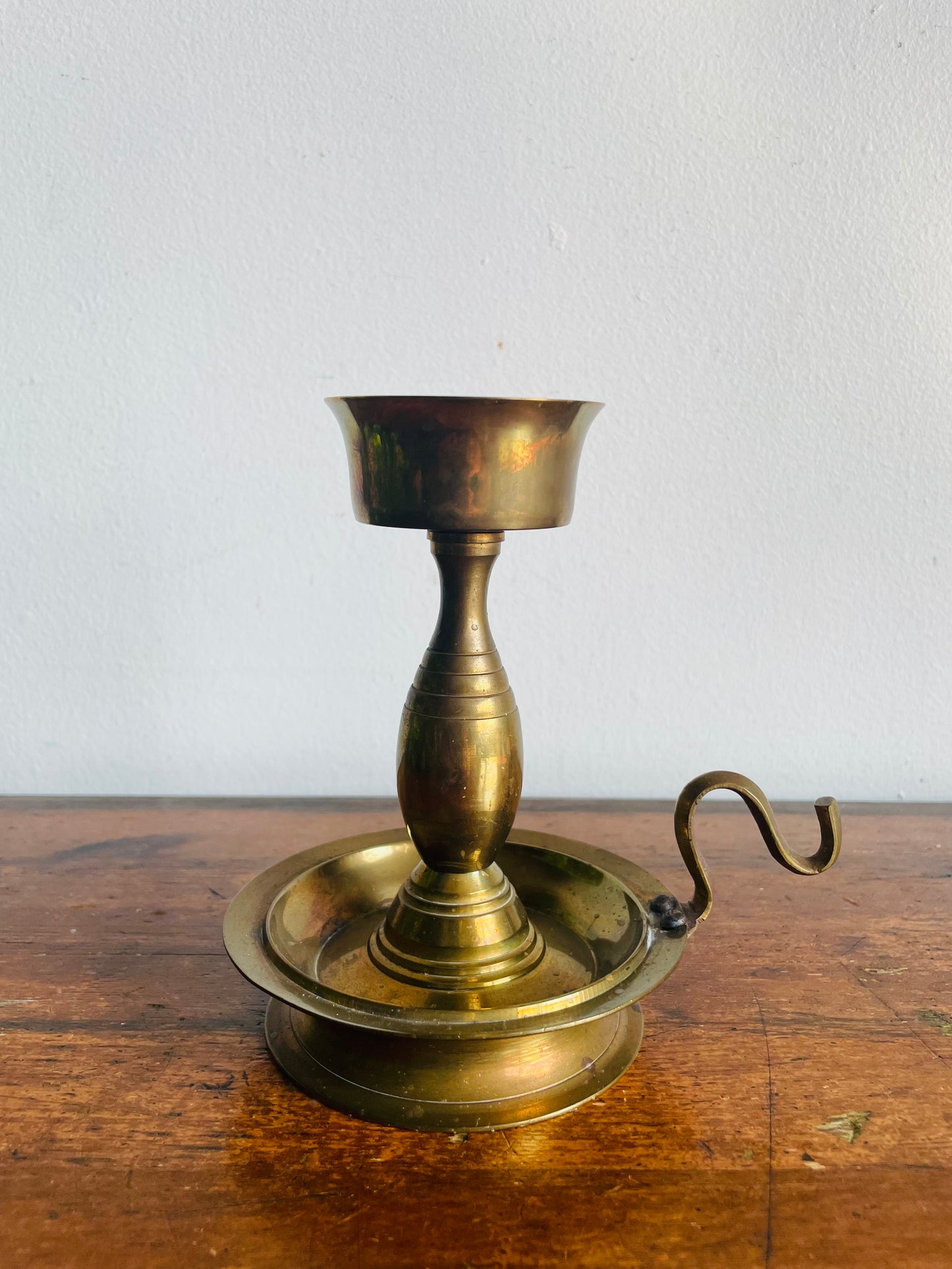 Vintage H Solid Brass Handmade Chamberstick Candle Holder with Spike - Can Hold Thicker Tapers - Made in India