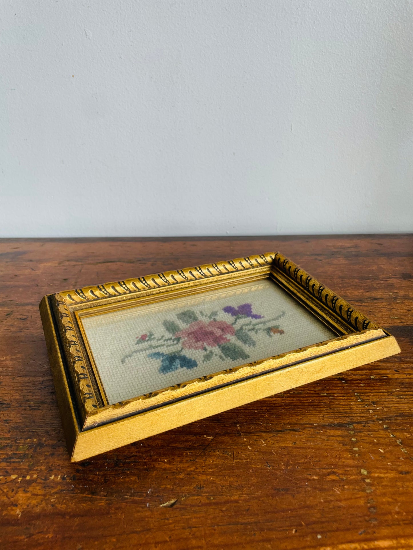 Vintage 1932 Floral Needlepoint Embroidery Picture in Gold Frame - Made by Babs in Regina Saskatchewan