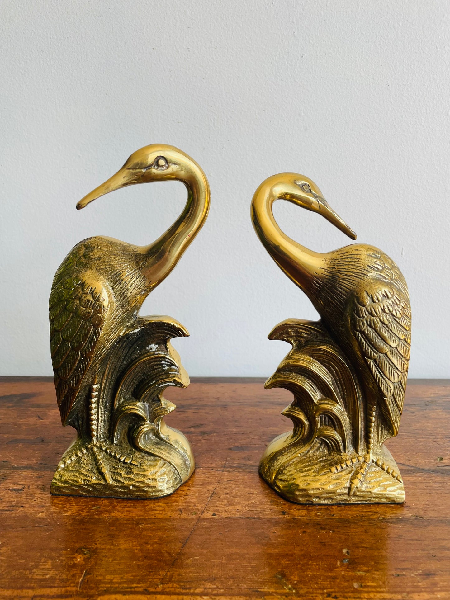 Solid Brass Heron or Crane Bird Bookends - Set of 2 - 1991 Made in Korea