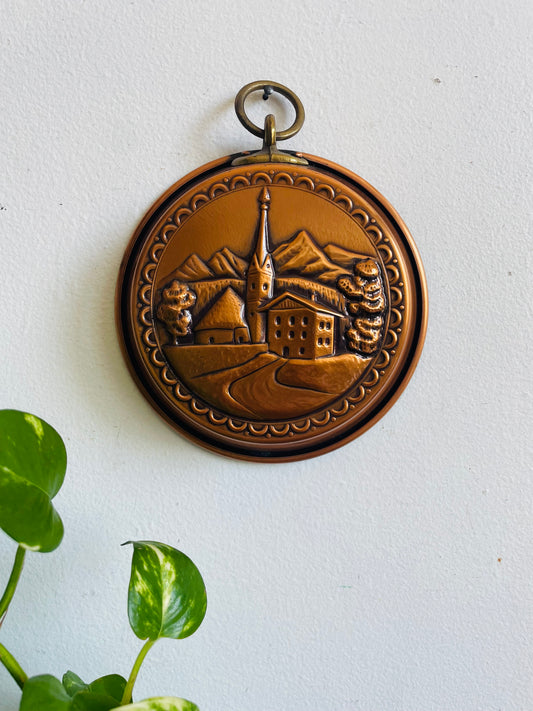 Vintage Round Copper Pan Jelly Mold Wall Hanging with Brass Hook for Hanging - European Village & Mountain Scene