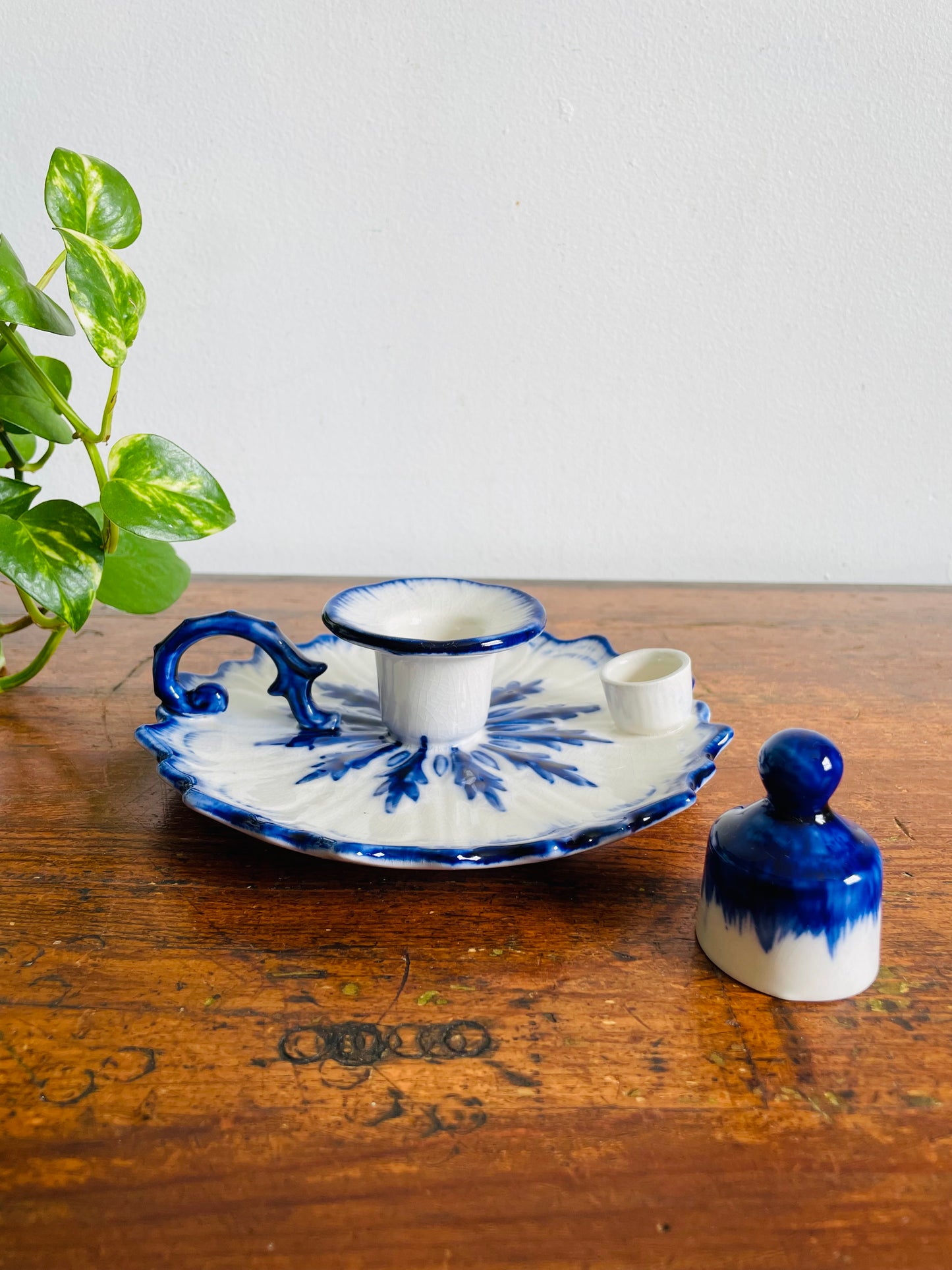 Vintage Staffordshire England Blue & White Ironstone Chamberstick Candle Holder with Snuffer
