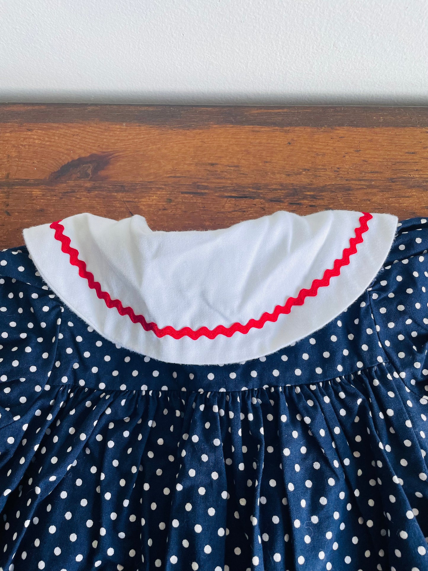 Rare Edition Brand 100% Cotton Navy Polka Dot Dress with ABC School Patches - Size 24 Months