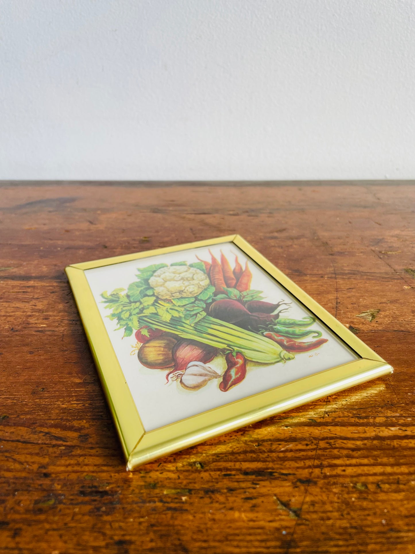 Vintage Small Vegetable Harvest Print Picture in Gold Metal Frame