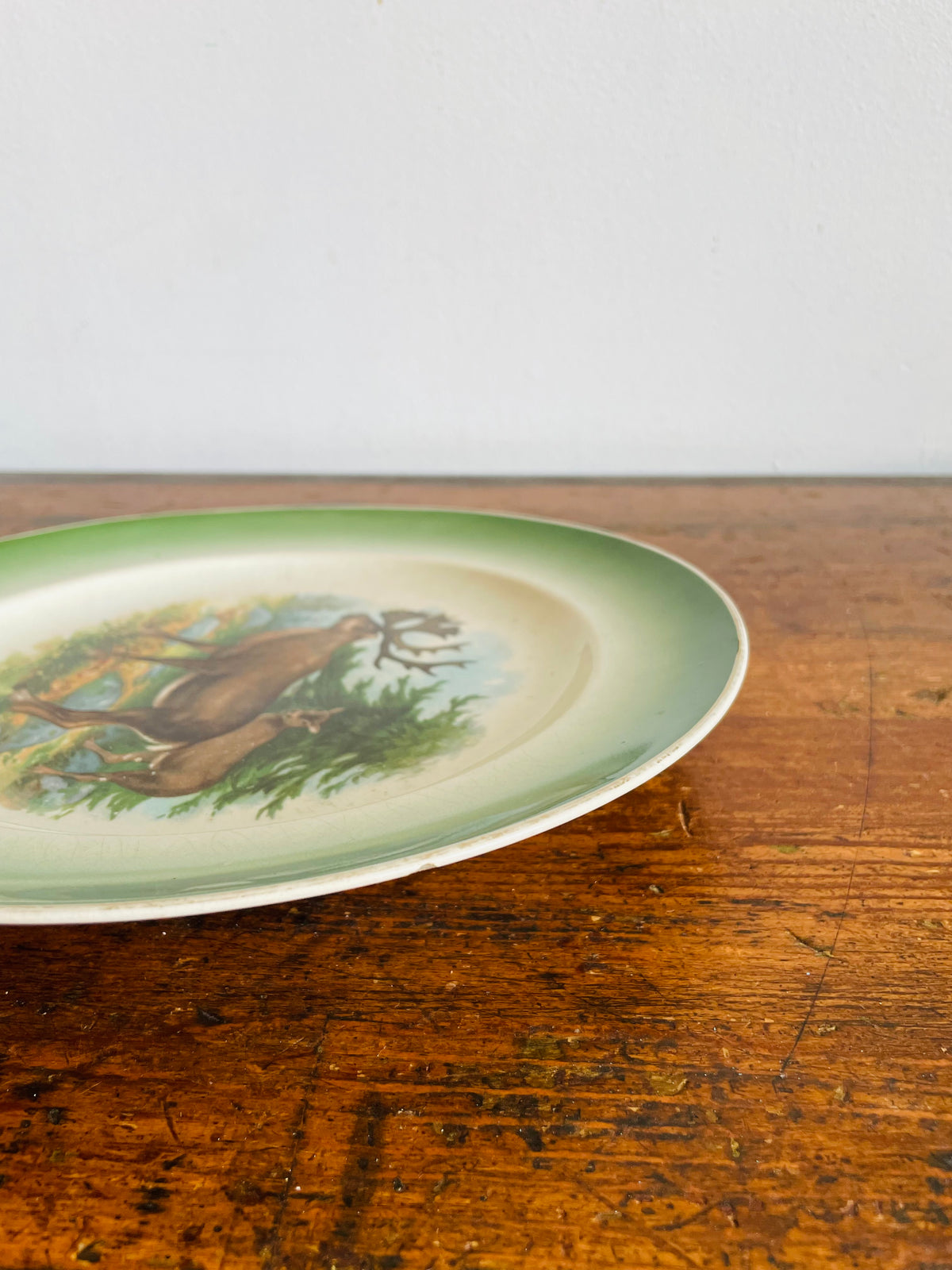 Antique Buffalo Pottery Plate with Caribou in Forest Nature Design - Includes Optional Plate Hanger