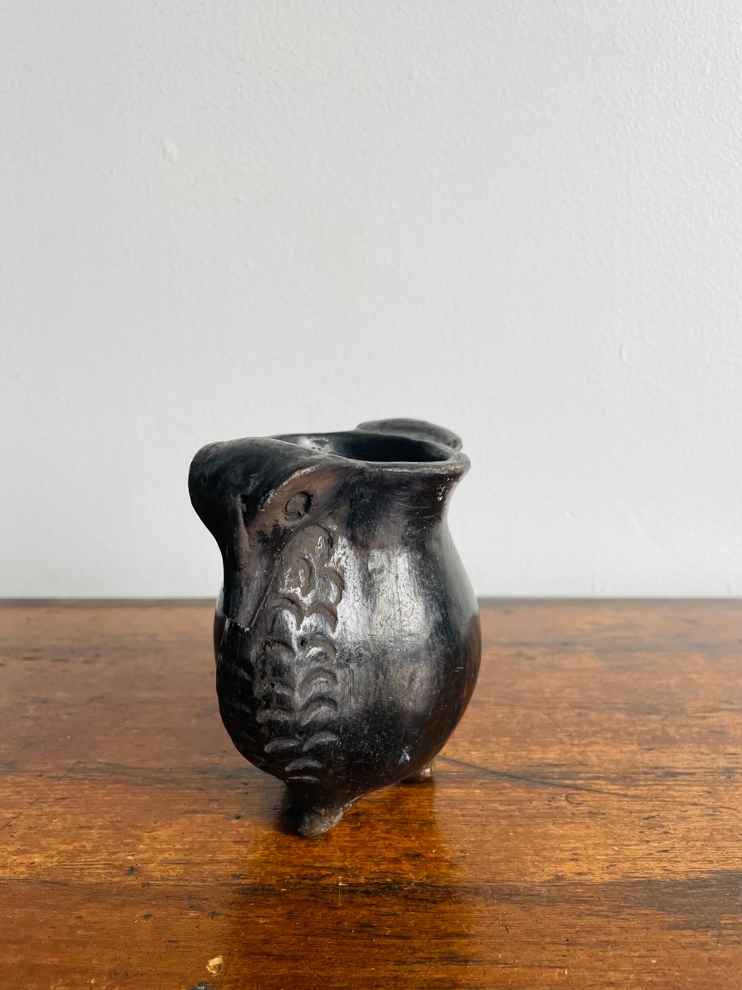 Barro Negro Black Clay Pottery from Oaxaca Mexico - Vase Cup with Tripod Feet & Turkey Bird Design