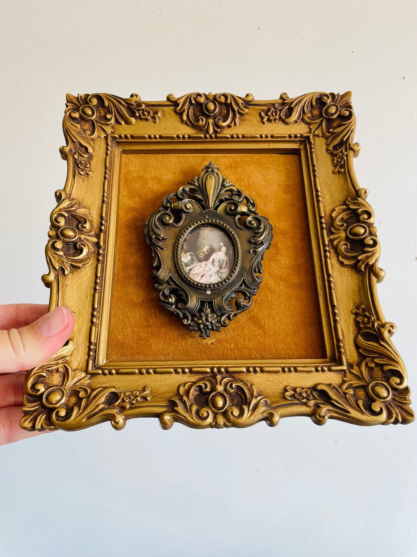 Vintage Ornate Gold, Brass & Mustard Yellow Felt Picture with Print Picture of Baroque Style Women in Dresses