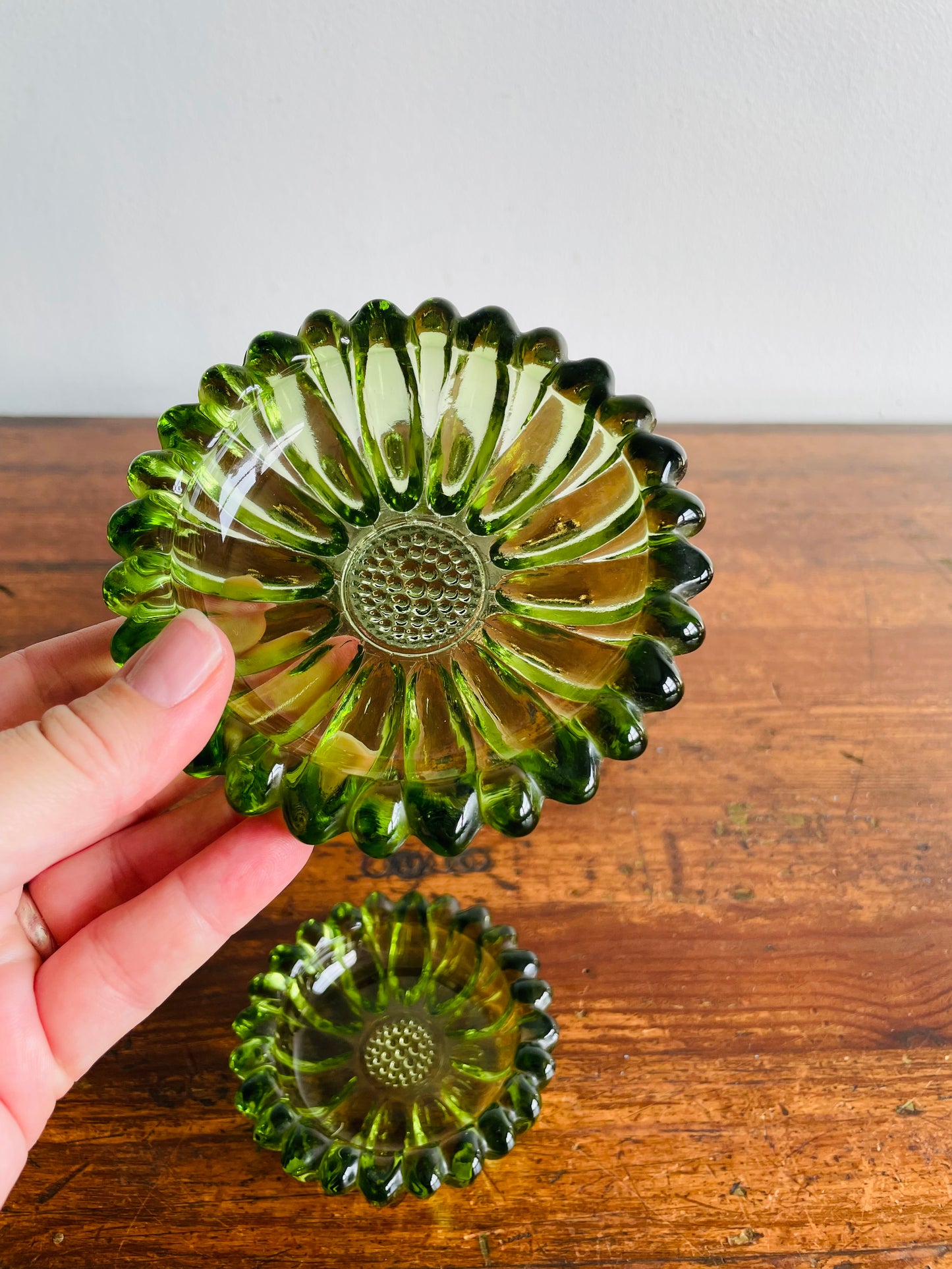 Hazel Atlas Green Glass Nesting Flower Ashtrays or Trinket Dishes in Solid Brass Holder - Set of 4 Pieces