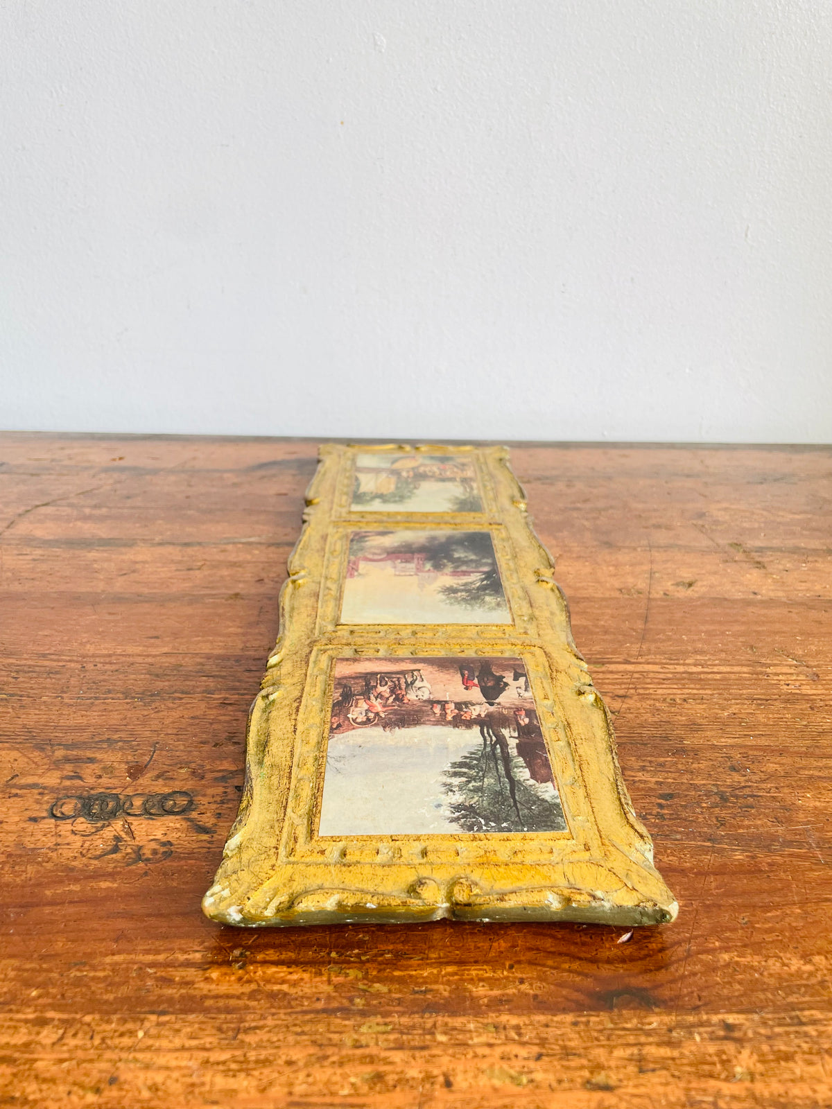 Vintage Italian Florentine Gold-Gilt Triple Landscape Wall Plaque Picture with European Art Print Scenes