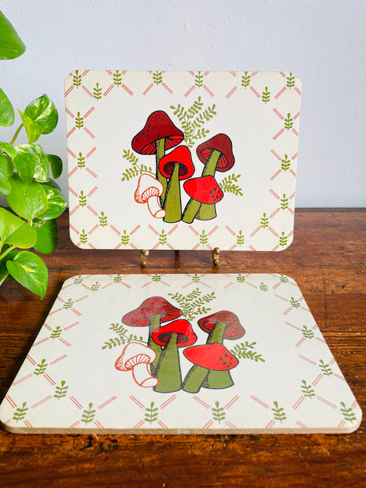 Vintage Groovy Merry Mushroom Cork-Backed “Hot Plaque” Combination Wall Plaque & Table Hot Pad Trivet Placemats - Set of 2