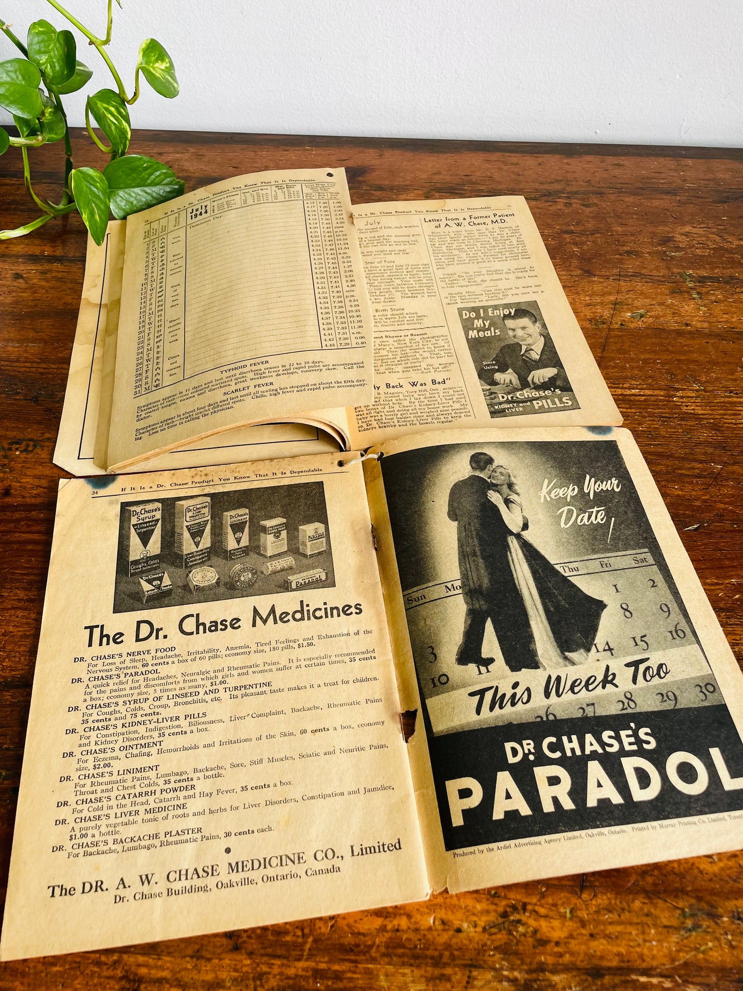 Vintage 1944 & 1948 Dr. A.W. Chase's Calendar Almanac Paper Booklets - For The Home, Factory, Farm & Office - Set of 2 - Oakville, Canada