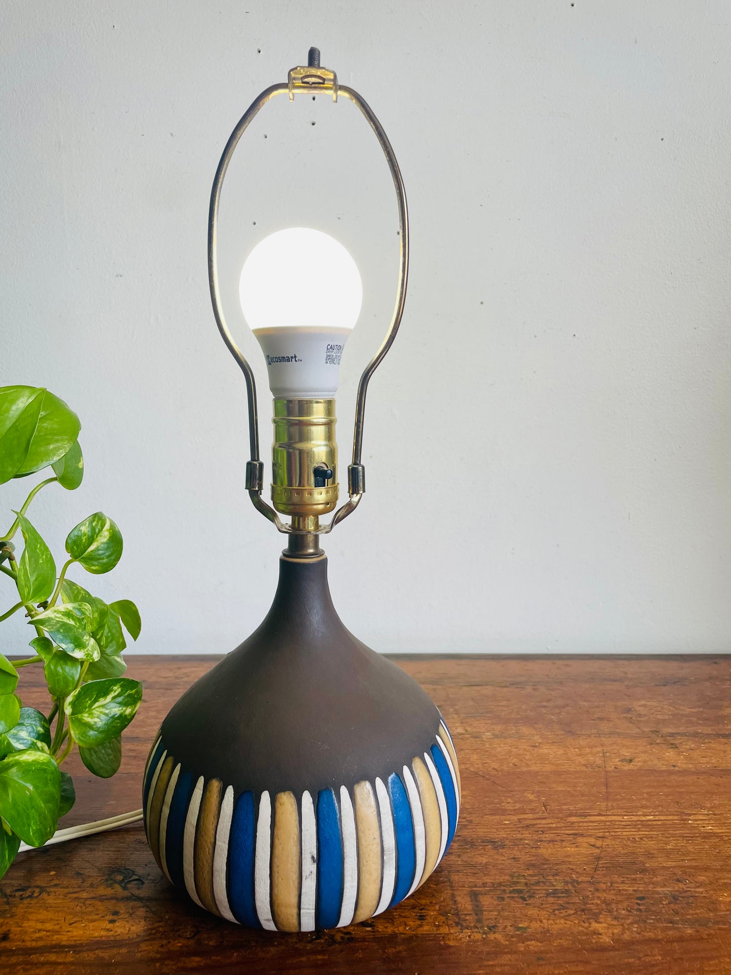 Vintage Mid-Century Modern Style Clay Pottery Lamp with Blue, Tan & Cream Lines Design - Tested / Works!