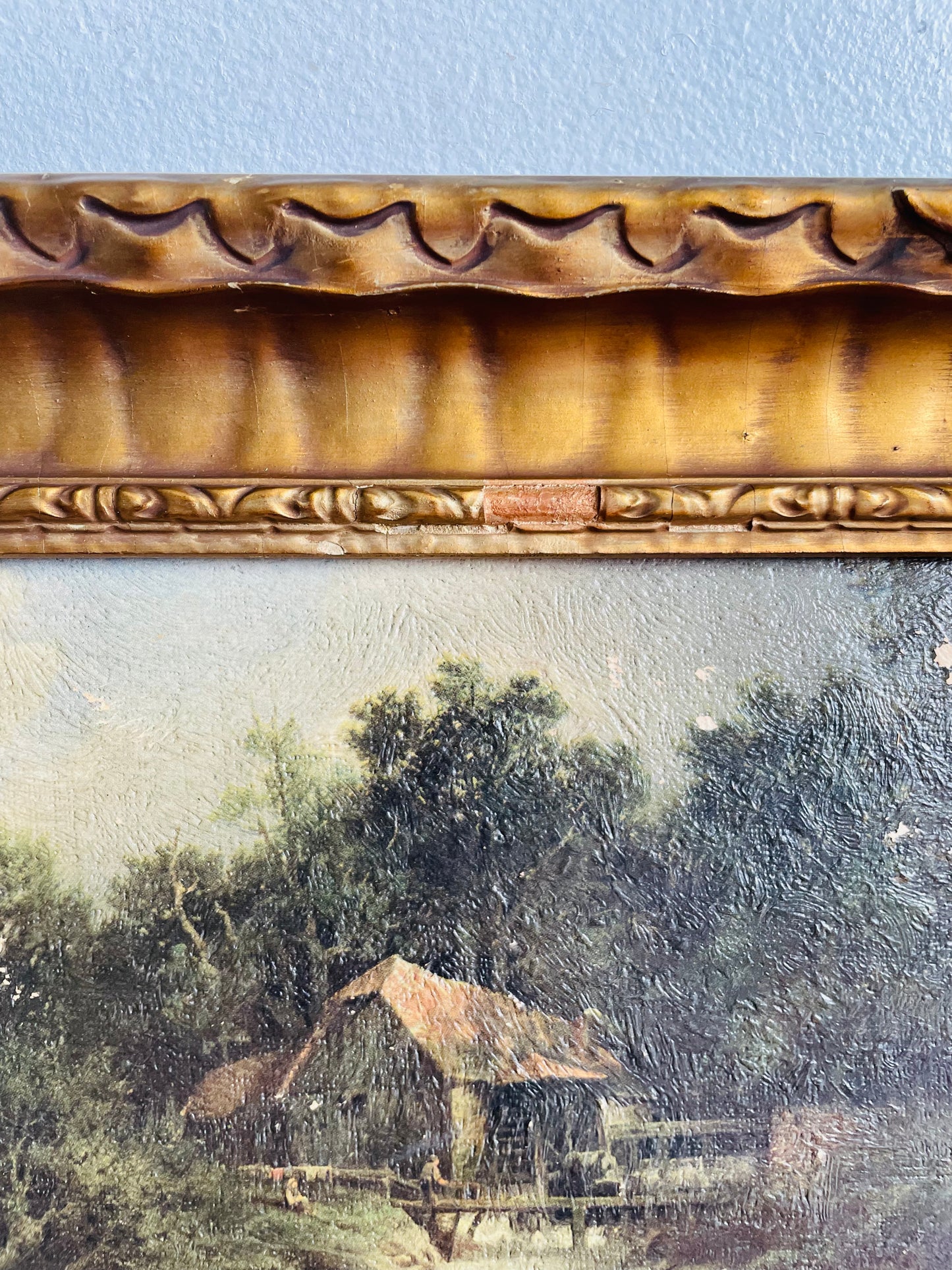 Antique Frank G. Hart's Oil Painting Facsimile Picture in Ornate Gold Frame - "The Old Watermill"