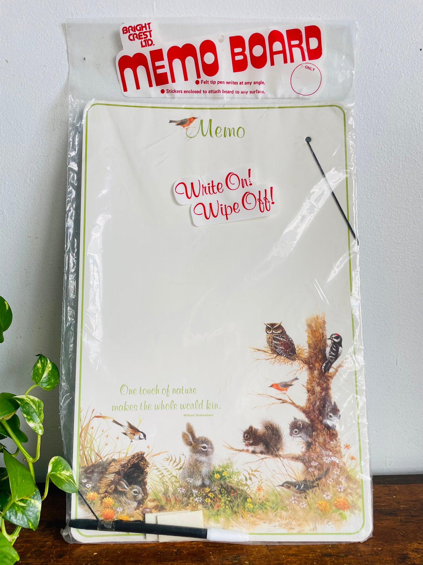 Vintage New Old Stock Bright Crest Ltd. Dry Erase Memo Board with Adorable Forest Animal Graphics - Write On / Write Off - One Touch of Nature Makes the Whole World Kin - No Shipping