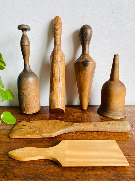 Vintage / Possibly Antique Instant Collection of Wood Kitchen Tools - Rustic Primitive Farmhouse Kitchen Decor - Funnel, Pestle, Masher, Butter Paddle, Lead Dressing Tool - Set of 6 Items
