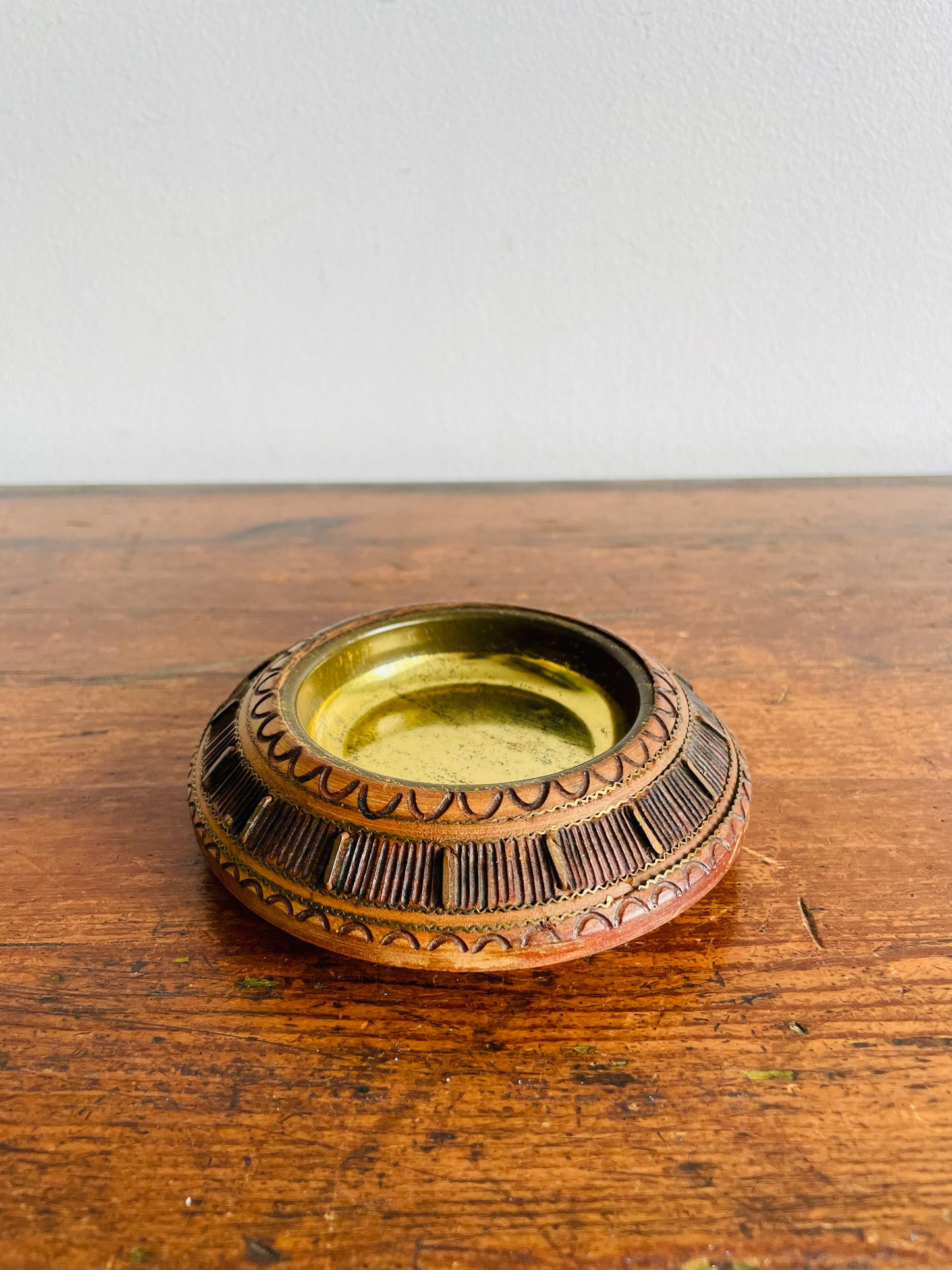 Carved Wood Trinket Bowl Dish with Inlay & Brass Insert