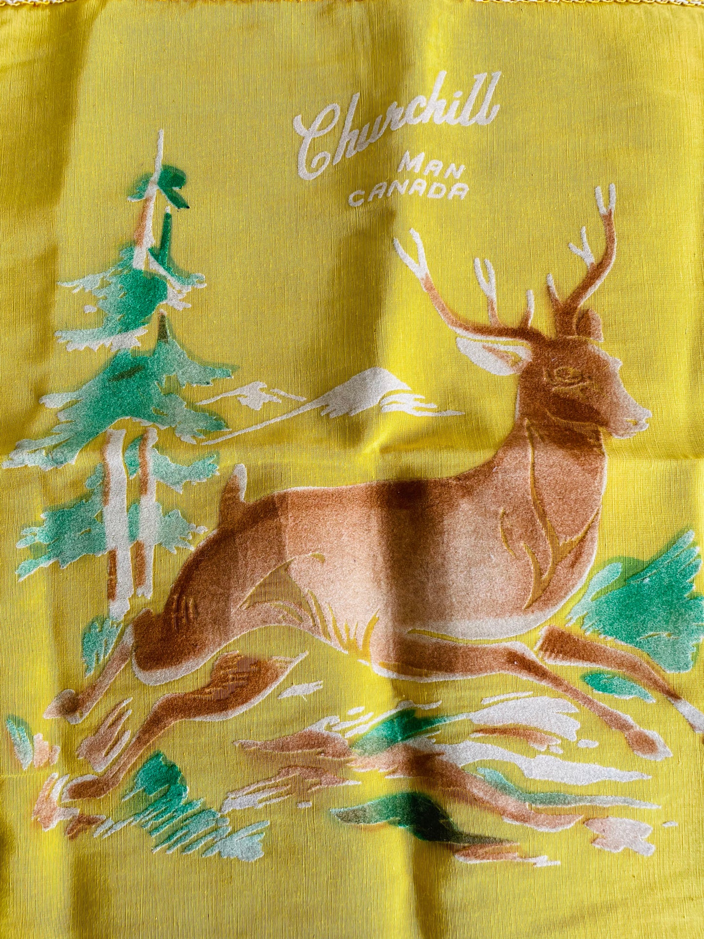 Vintage 1940s WW2 Churchill Manitoba Canada Navy Blue & Yellow Souvenir Throw Pillow Cushion Cover with Velvet Deer in Forest Design & Fringe - Pillowcase Only