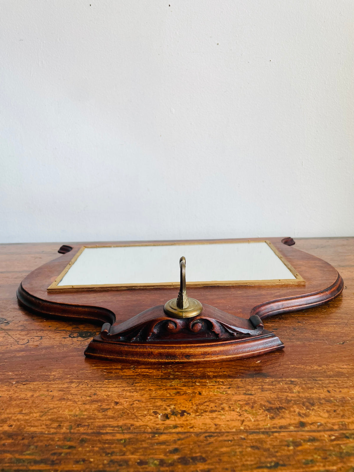 Vintage / Antique Wood Mirror with Gold Trim & Brass Hook for Hanging Items