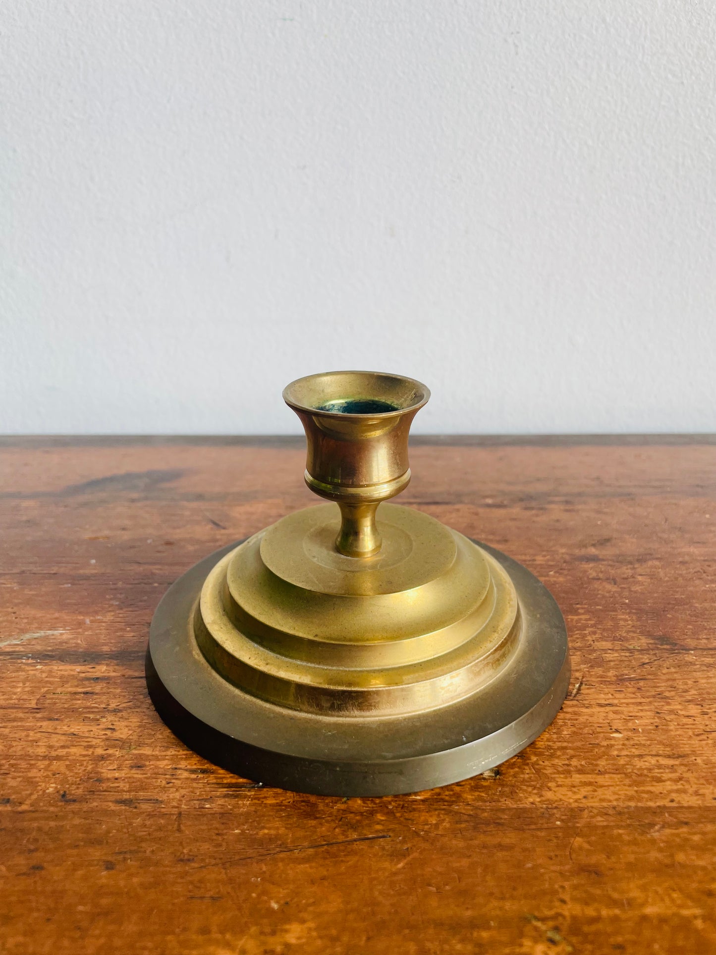 Vintage H Solid Brass Handmade Candle Holder with Round Graduated Stacked Base - Made in India