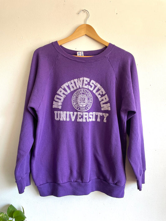 Vintage 1980s Northwestern University Champion Brand Purple Crewneck Sweatshirt with White Velvet Raised Logo - Evanston Illinois - Size XL - Made in USA