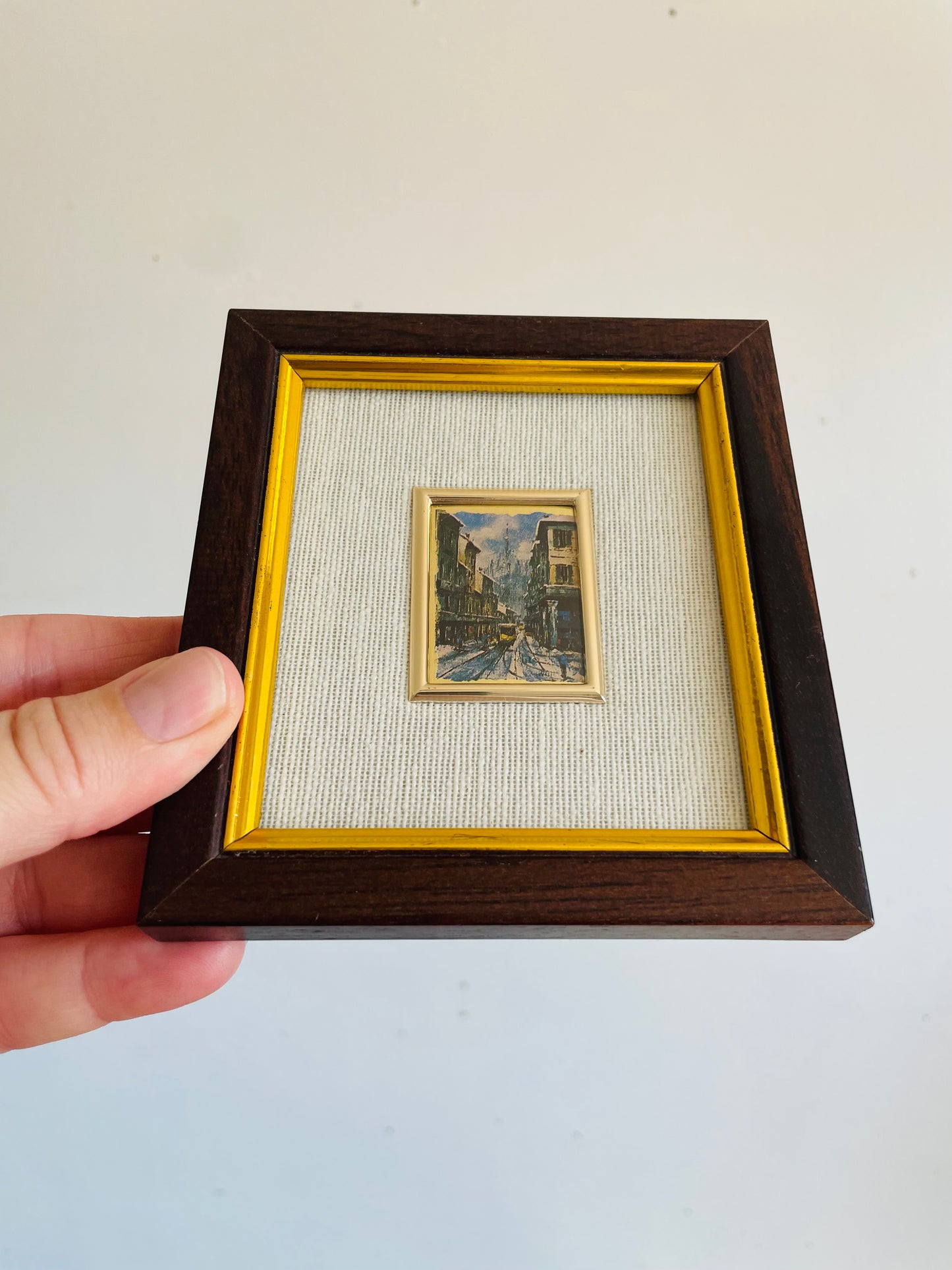 Vintage Italian Hand-Pressed Lithography on Gold Leaf Picture with European City Scene