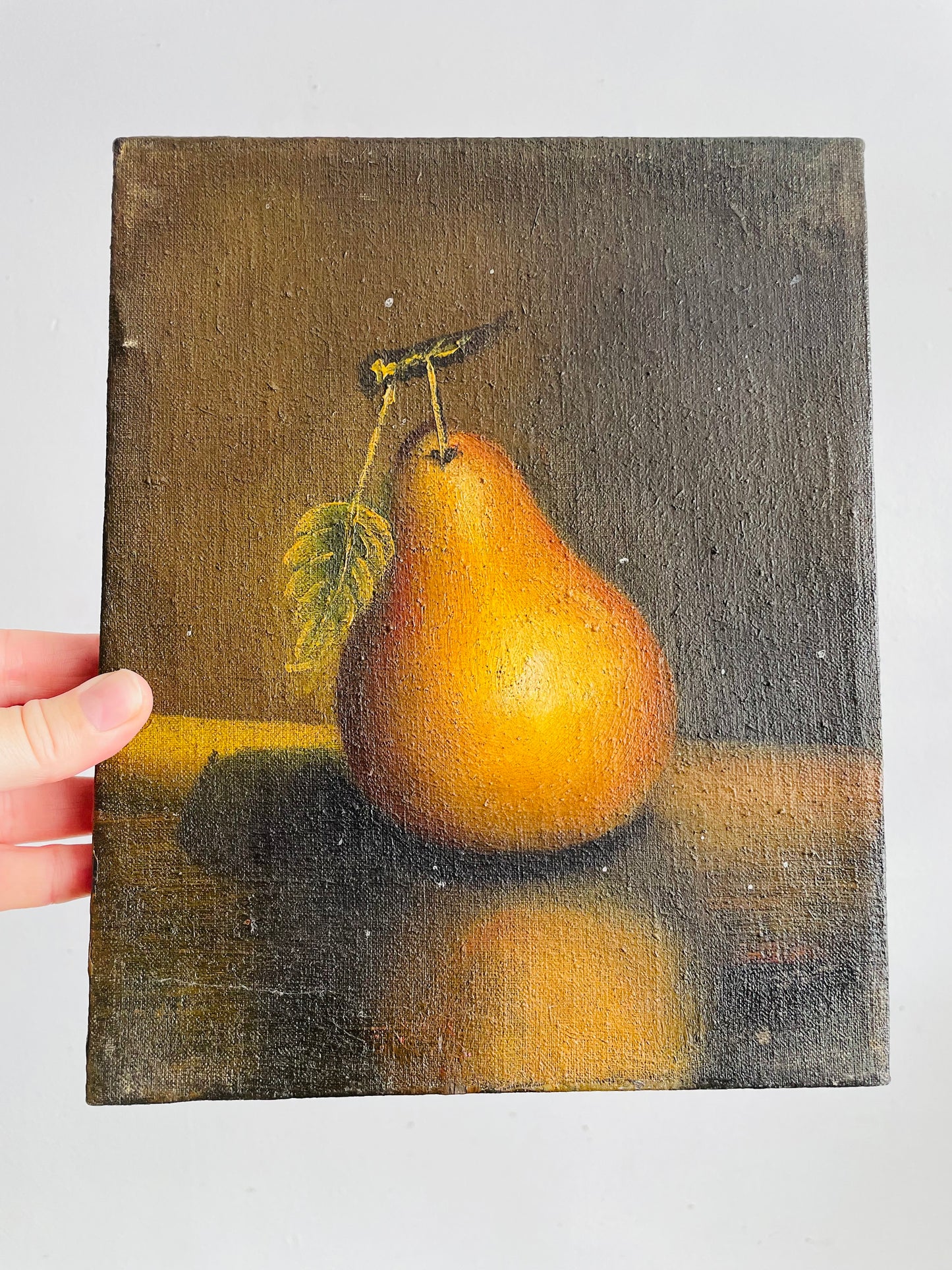 Antique Original Art Painting Picture on Canvas - Moody Still Life Study of a Pear