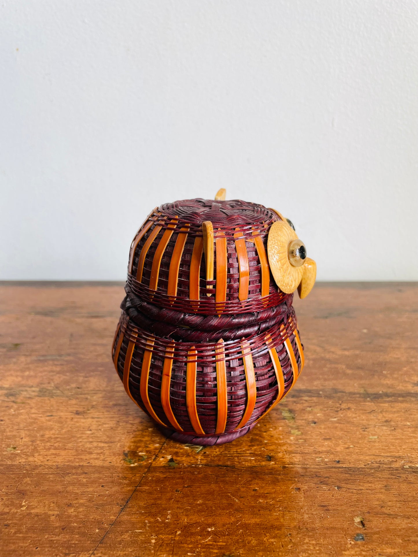 Vintage Mid-Century Modern Woven Wicker Wood Owl Basket Box Container with Lid
