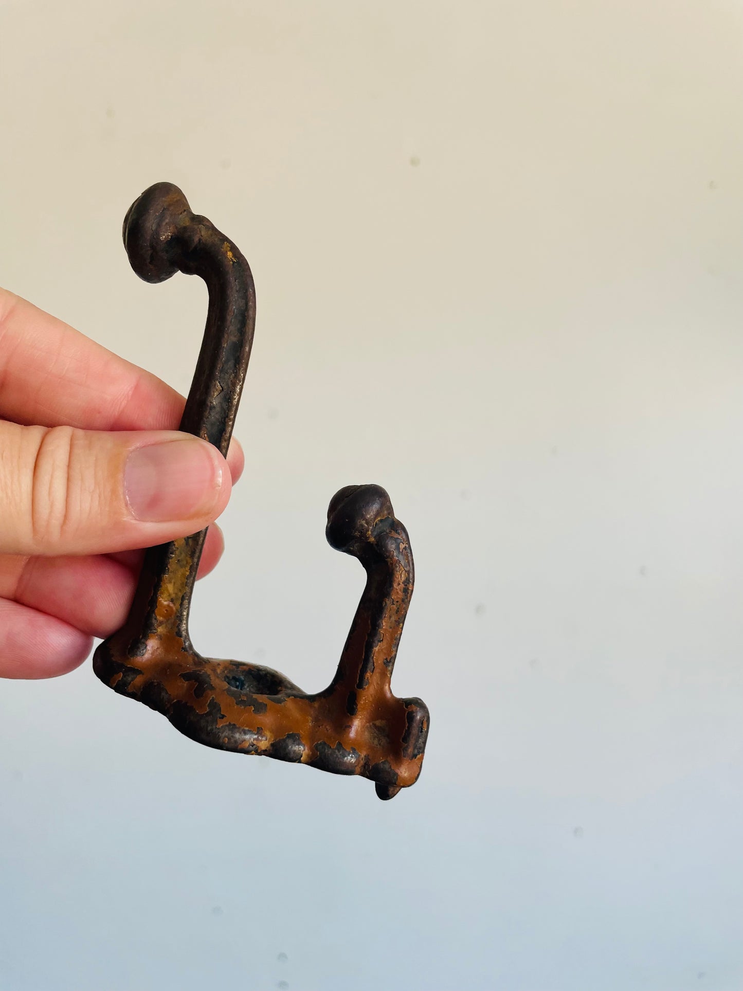 Vintage Black Metal Double Wall Hook Hangers with Chippy Brown Paint - Architectural Salvage / As Found - Set of 2