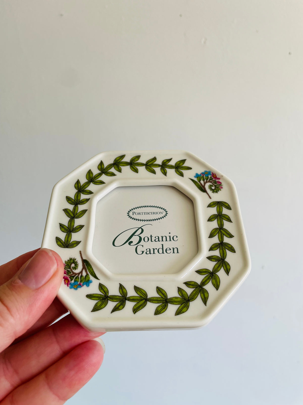 Vintage Portmeirion Botanic Garden Octagon-Shaped Miniature Picture Frame with Easel Back & Flower & Leaf Design - 2" x 2" Photo Size