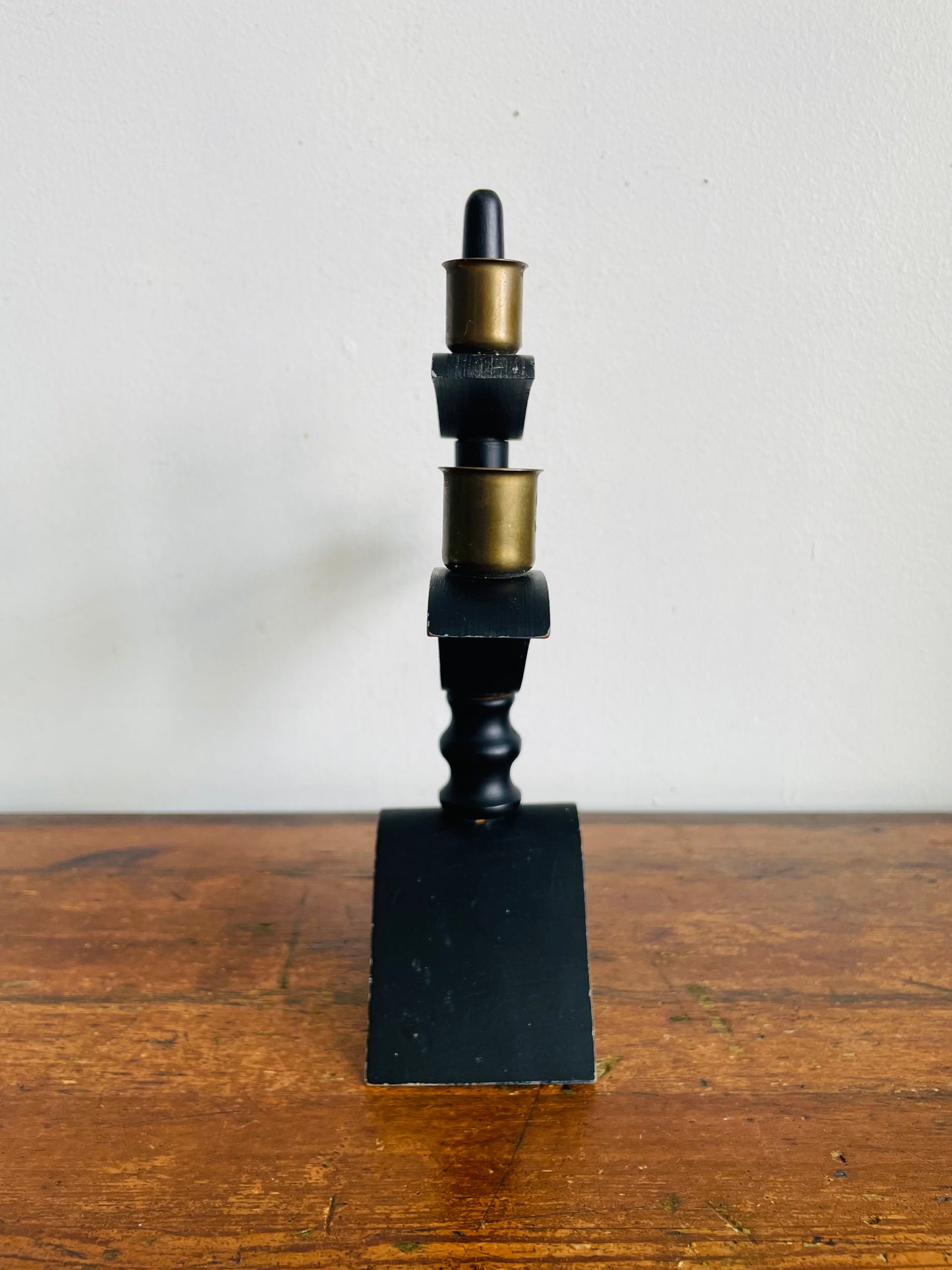 Vintage Scandinavian Folk Art Black Wood & Brass Cup Four Branch Candelabra Candle Holder with Painted Flower Design