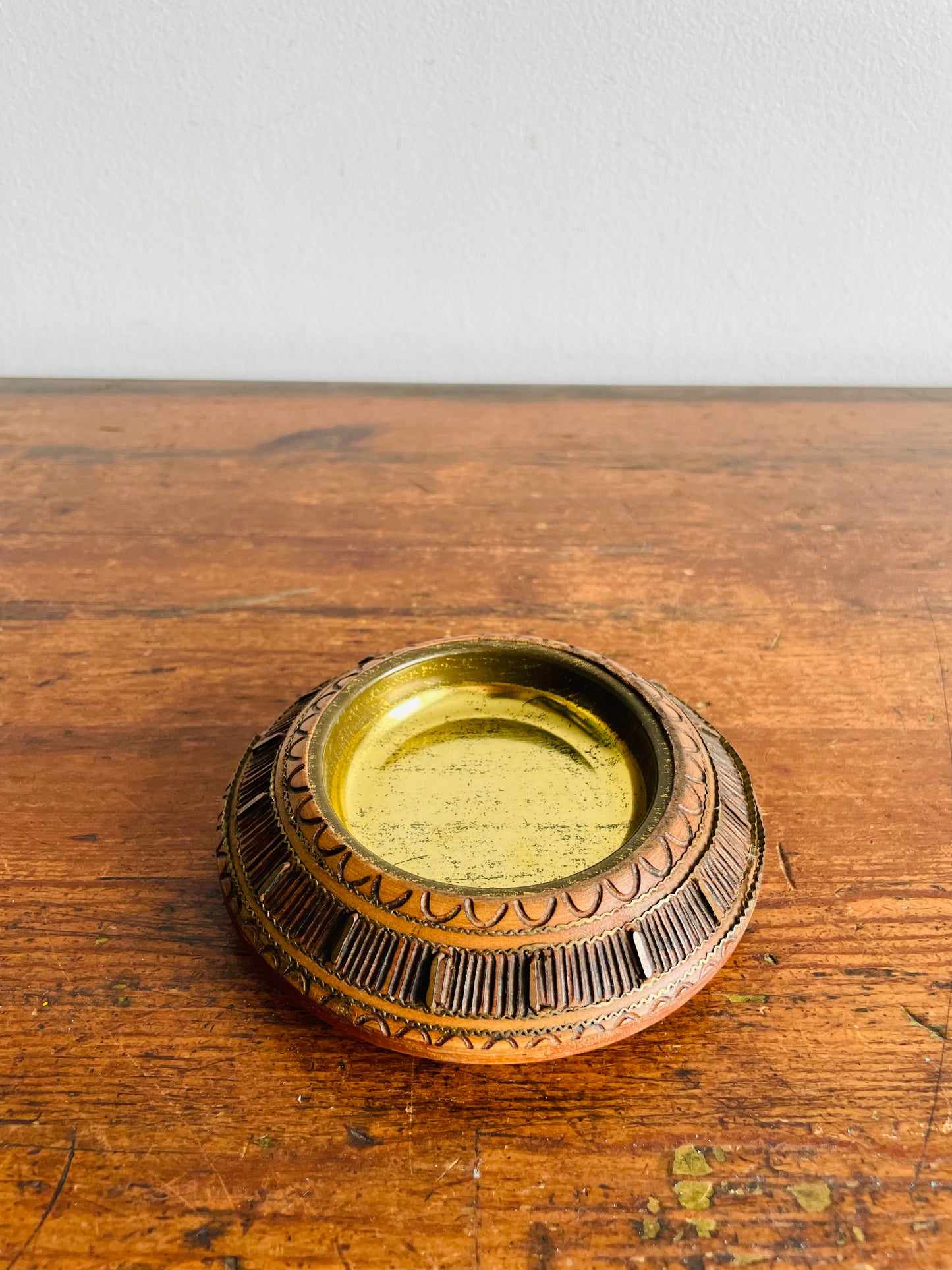 Carved Wood Trinket Bowl Dish with Inlay & Brass Insert