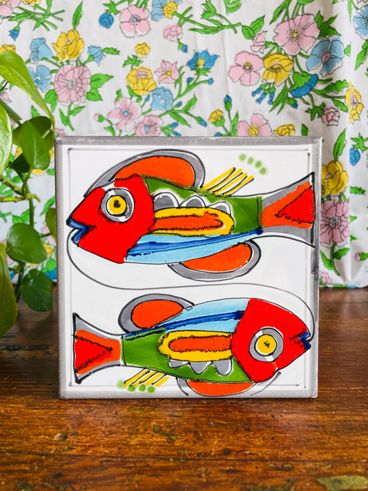 Cannara Tile Trivet with Bright Hand Painted Pisces Zodiac Fish Design - Made in Italy