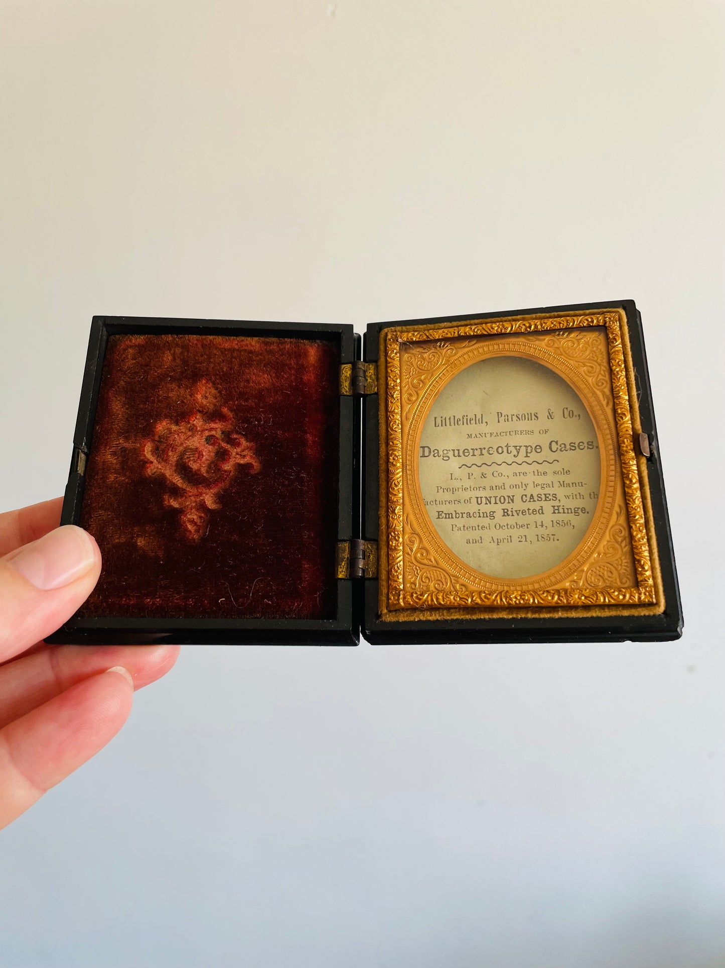Antique 1857 Victorian Daguerreotype Photo Display Union Case - Littlefield, Parsons & Co. - Never Used