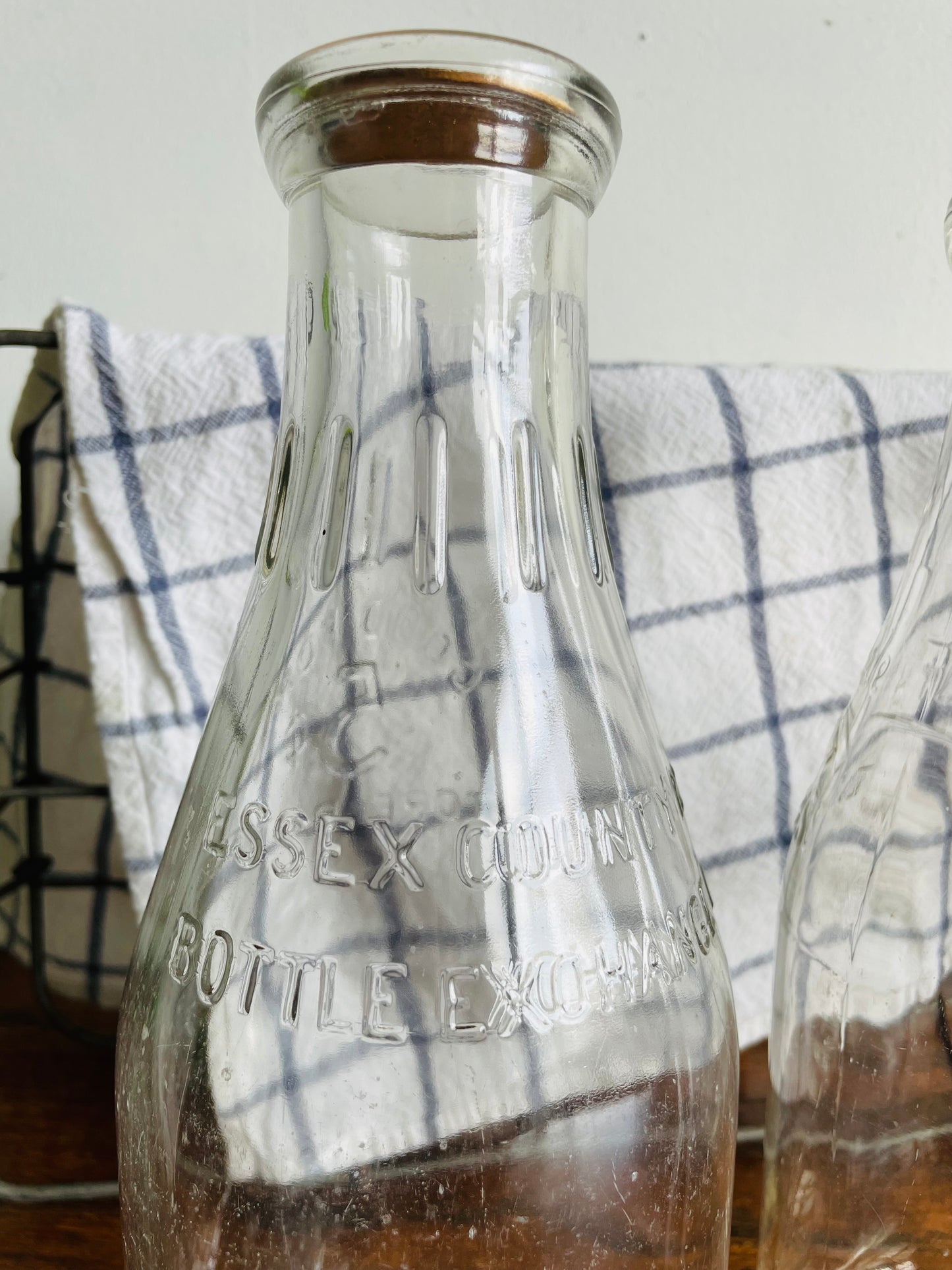 Vintage Metal Milk Bottle Caddy Carrier with Handles & Three Glass Milk Bottles with Cardboard Bottle Caps