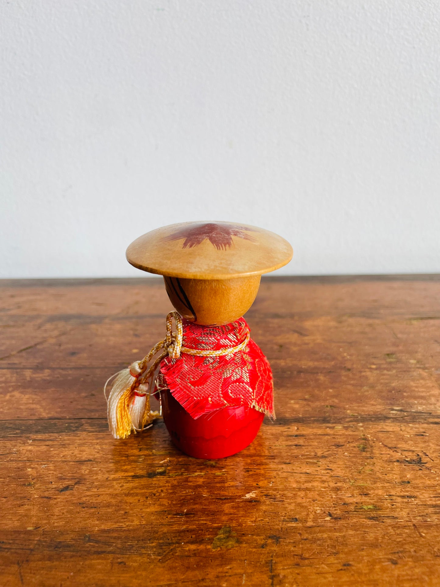 Vintage 3" Tall Japanese Wooden Kokeshi Bobblehead Doll in Red Fabric Dress with Belt & Hat
