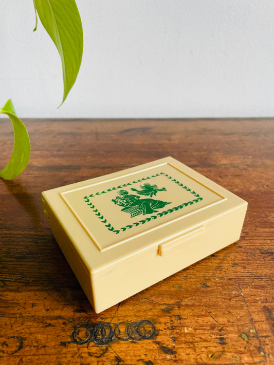 Celluloid Trinket Box with Hinged Lid & Green Grecian Design