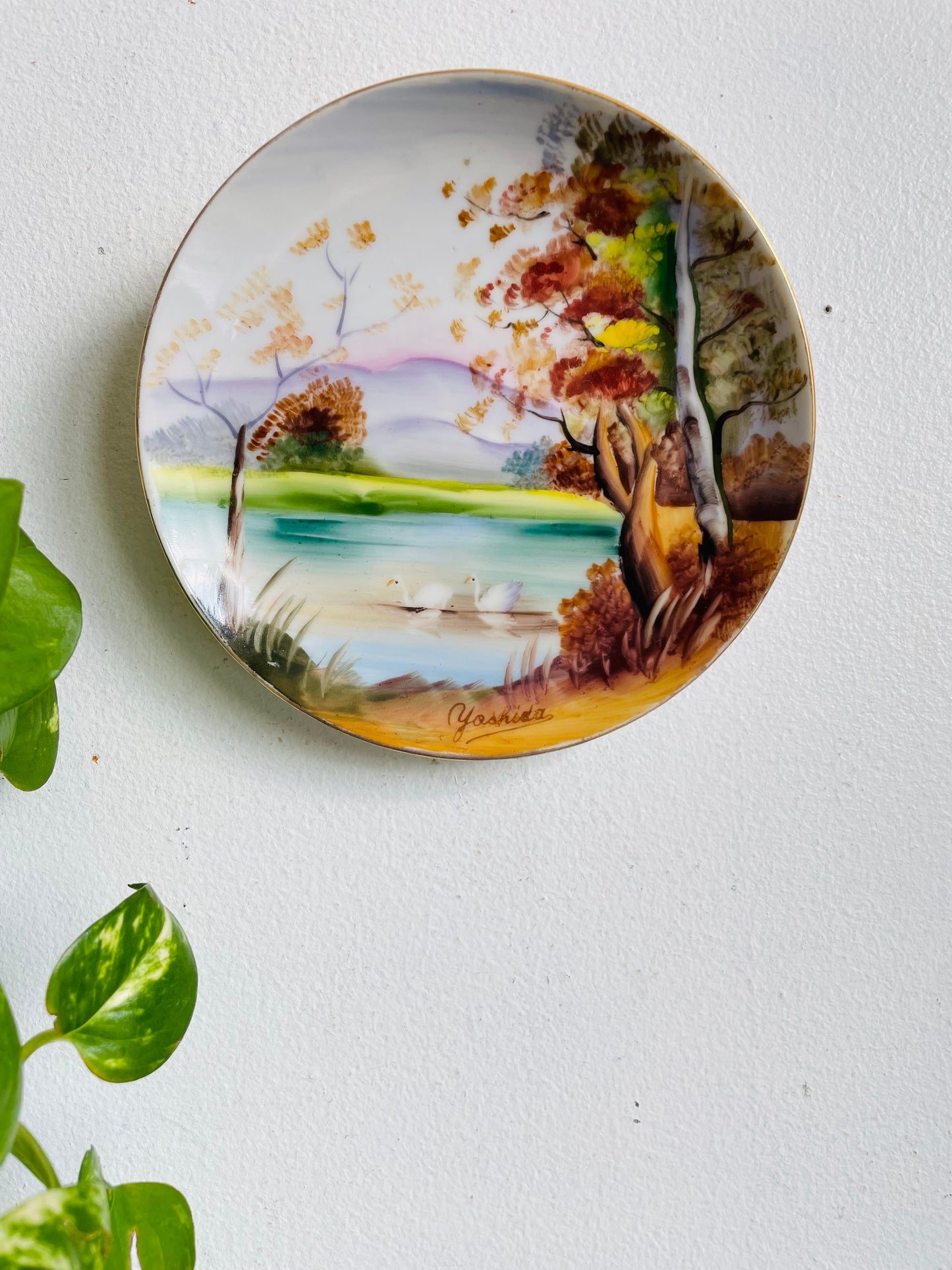 Vintage Hand Painted 6" Wall Hanging Plate with Beautiful Landscape Nature Scene - Swans on Lake, Mountains & Trees - Made in Japan - Signed Yoshida