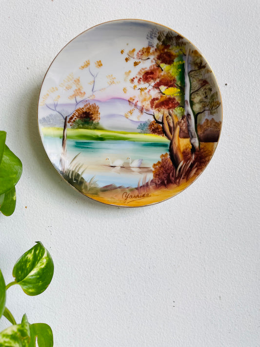 Vintage Hand Painted 6" Wall Hanging Plate with Beautiful Landscape Nature Scene - Swans on Lake, Mountains & Trees - Made in Japan - Signed Yoshida