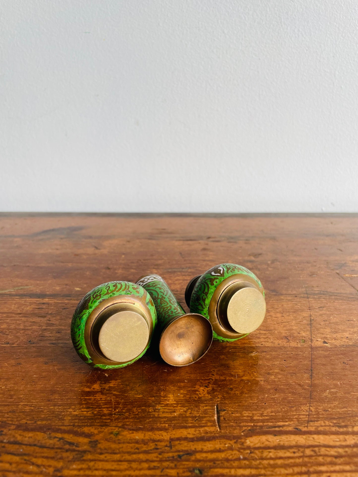 Brass & Enamel Table Set - Salt Shaker, Pepper Shaker, Toothpick Holder & Tray - Set of 4 Pieces