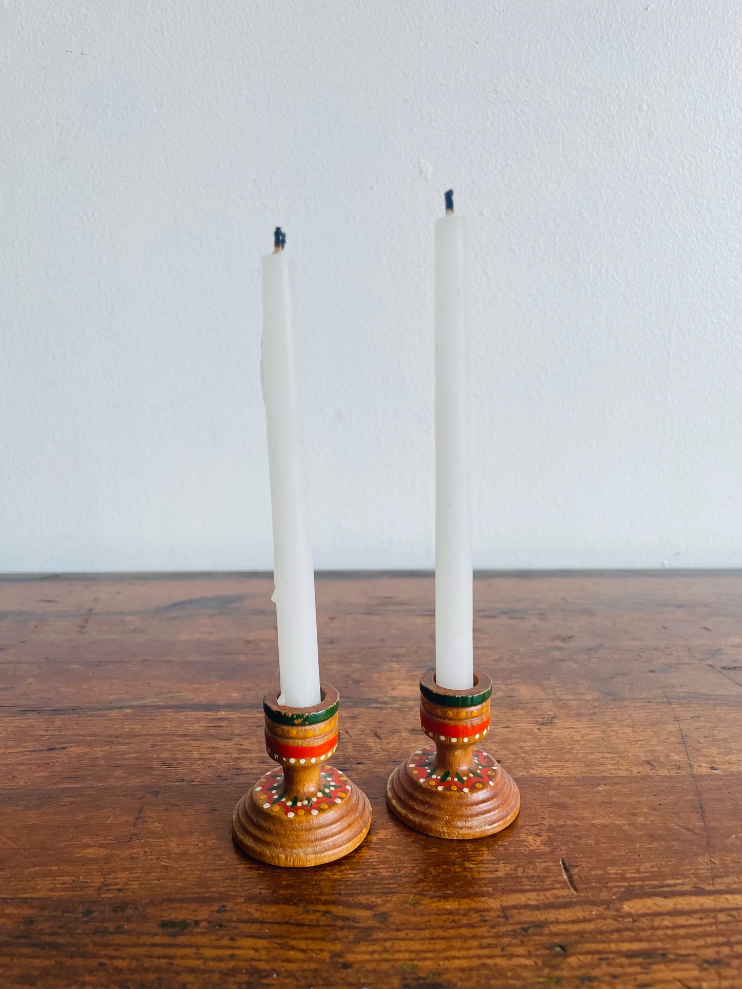 Miniature Hand Painted Wood Candlestick Holders with Folk Art Design - Set of 2