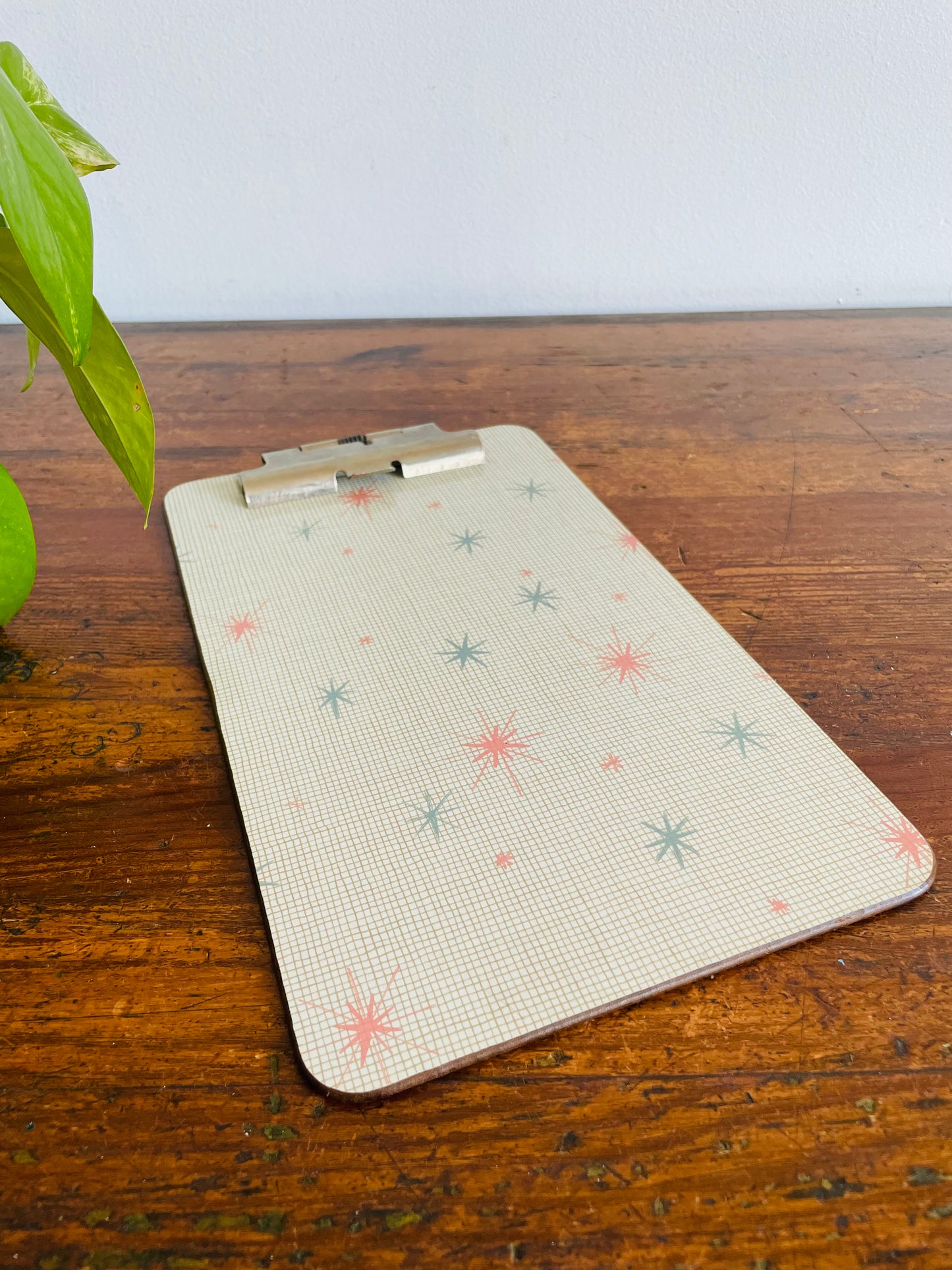 1964 Half Sheet Blue & Pink Atomic Starburst Clipboard with Gator Grip Clip - Made in USA