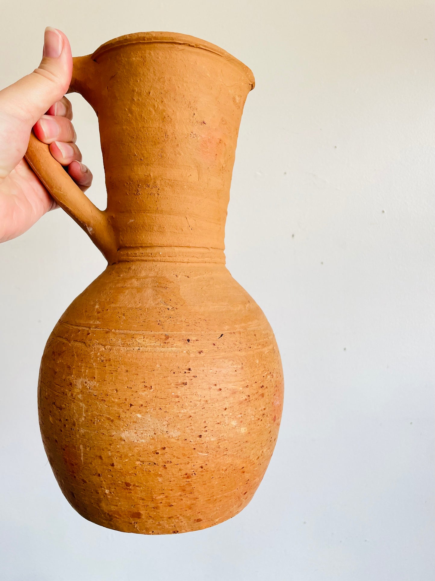 Vintage Rustic Earthenware Terracotta Clay Pitcher Jug Vase with Handle