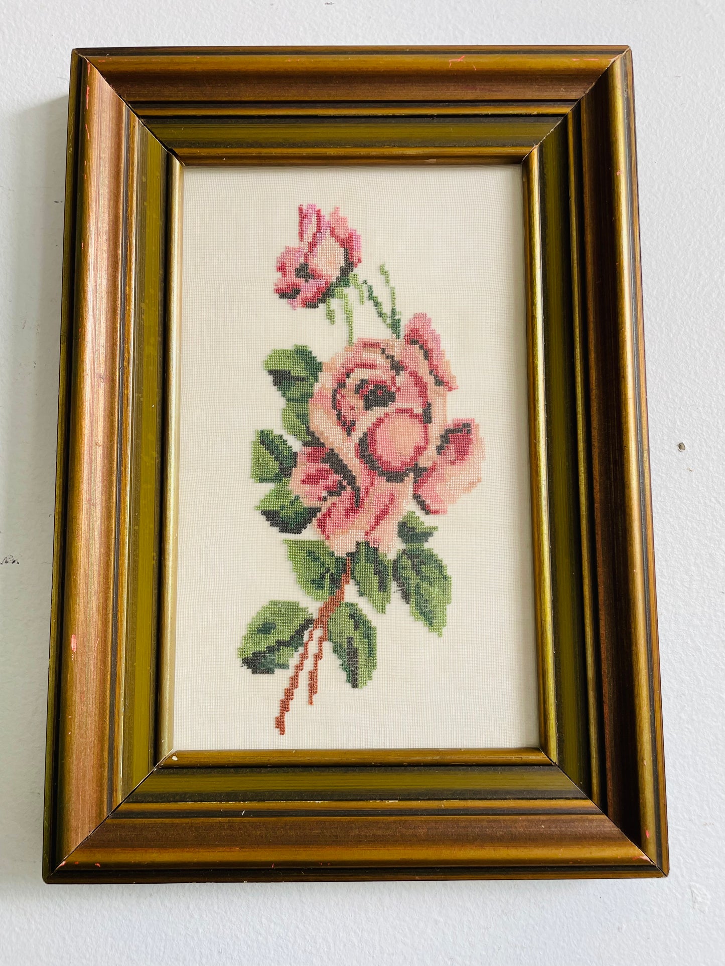 Vintage Pink Rose Flower Petit Point Needlepoint Embroidery Picture