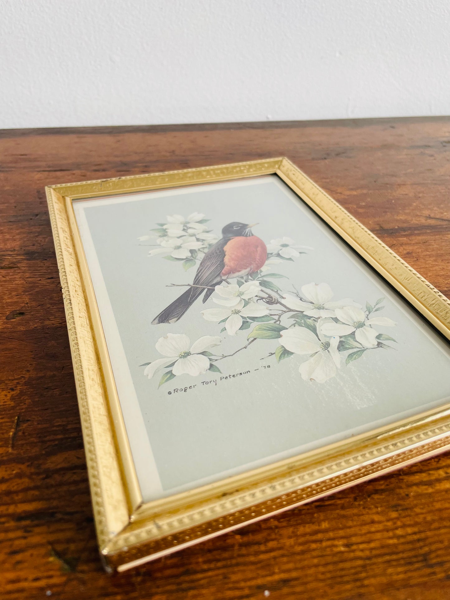 Robin Bird & Flowers Print in Brass Frame - Roger Tory Peterson 1978