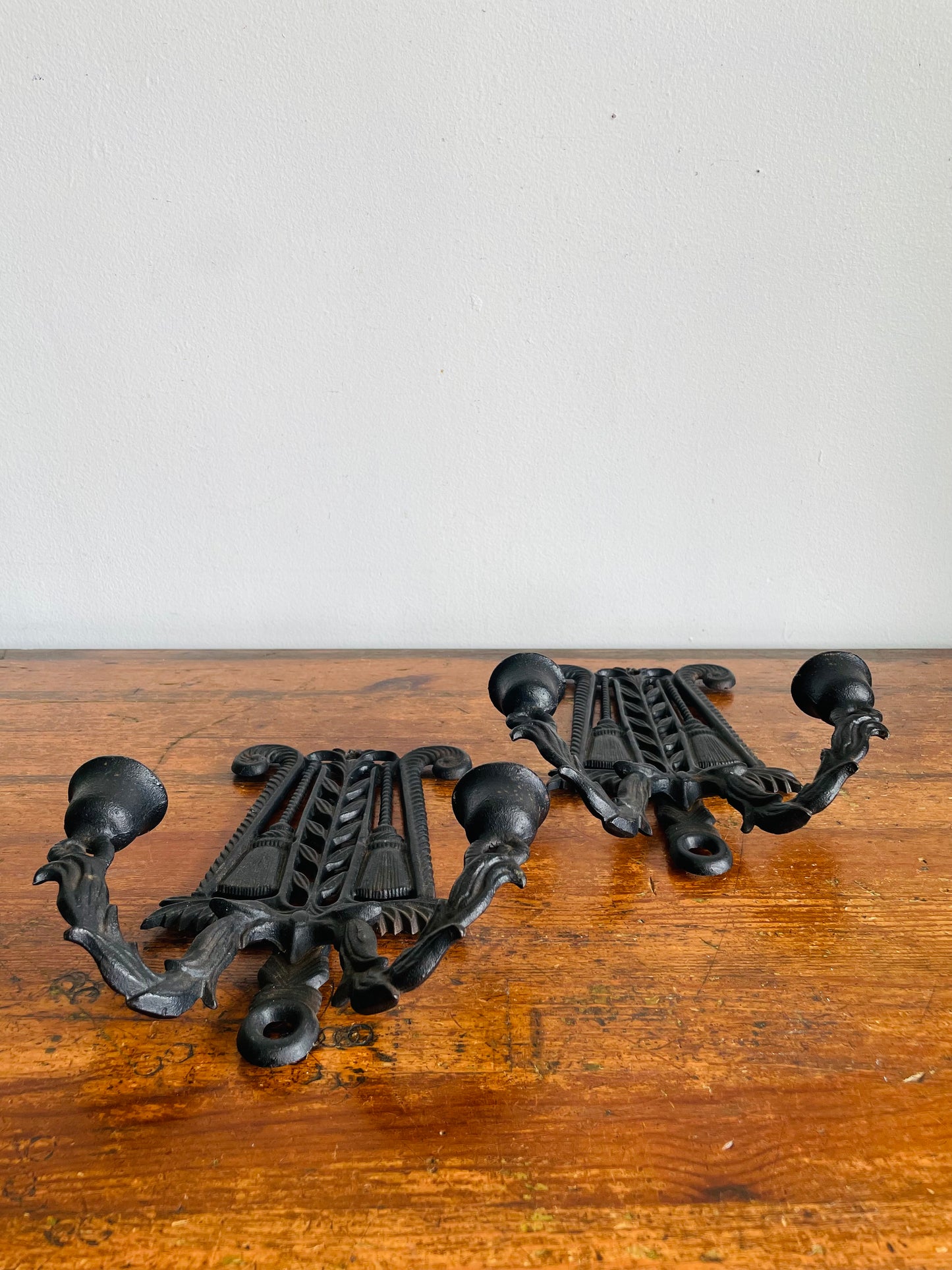 Vintage Wilton Cast Iron Double Candle Holder Wall Hanging Sconces - Set of 2
