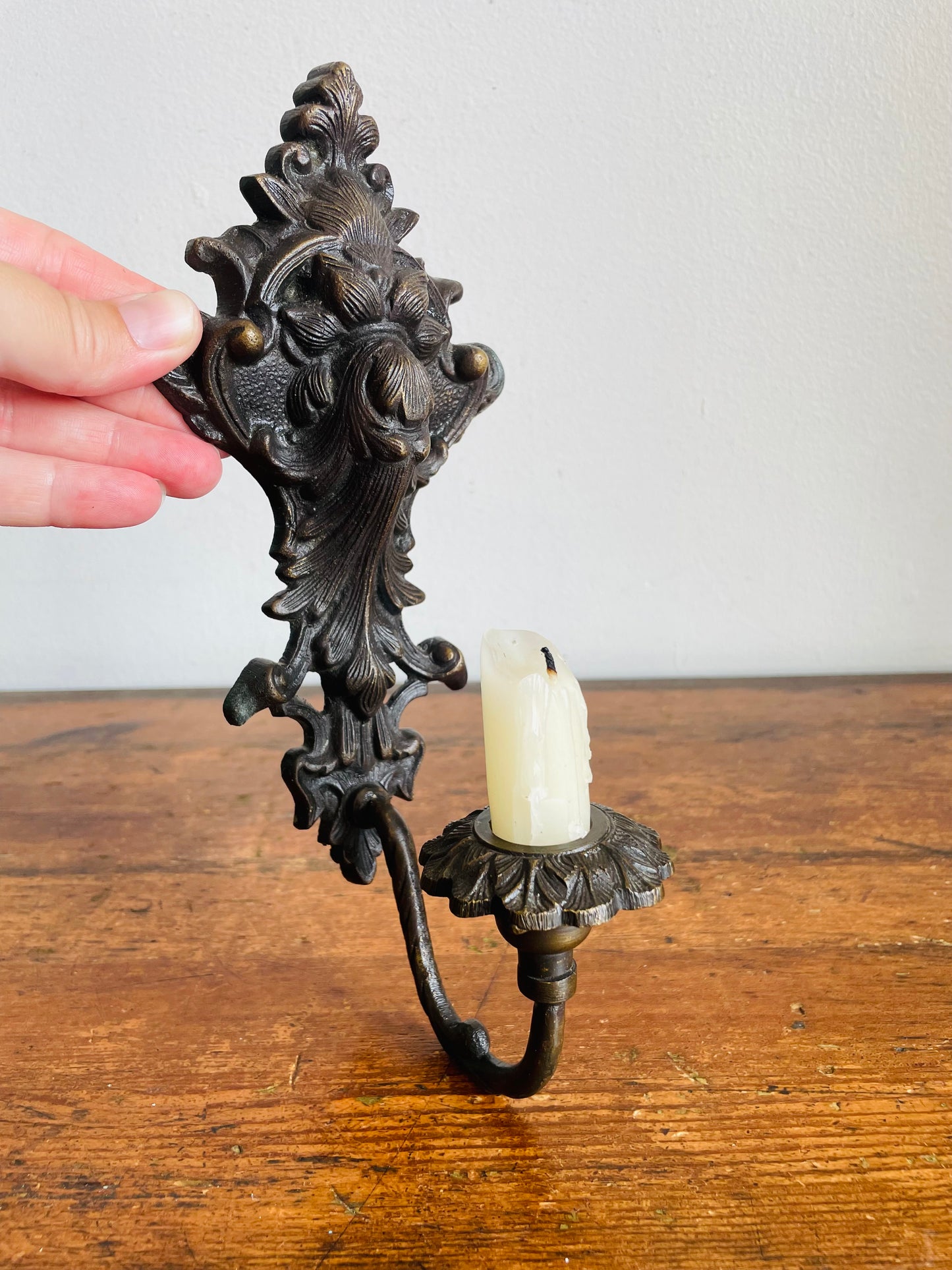 Vintage Ornate Cast Metal with Bronze Finish Wall Sconce Candle Holder