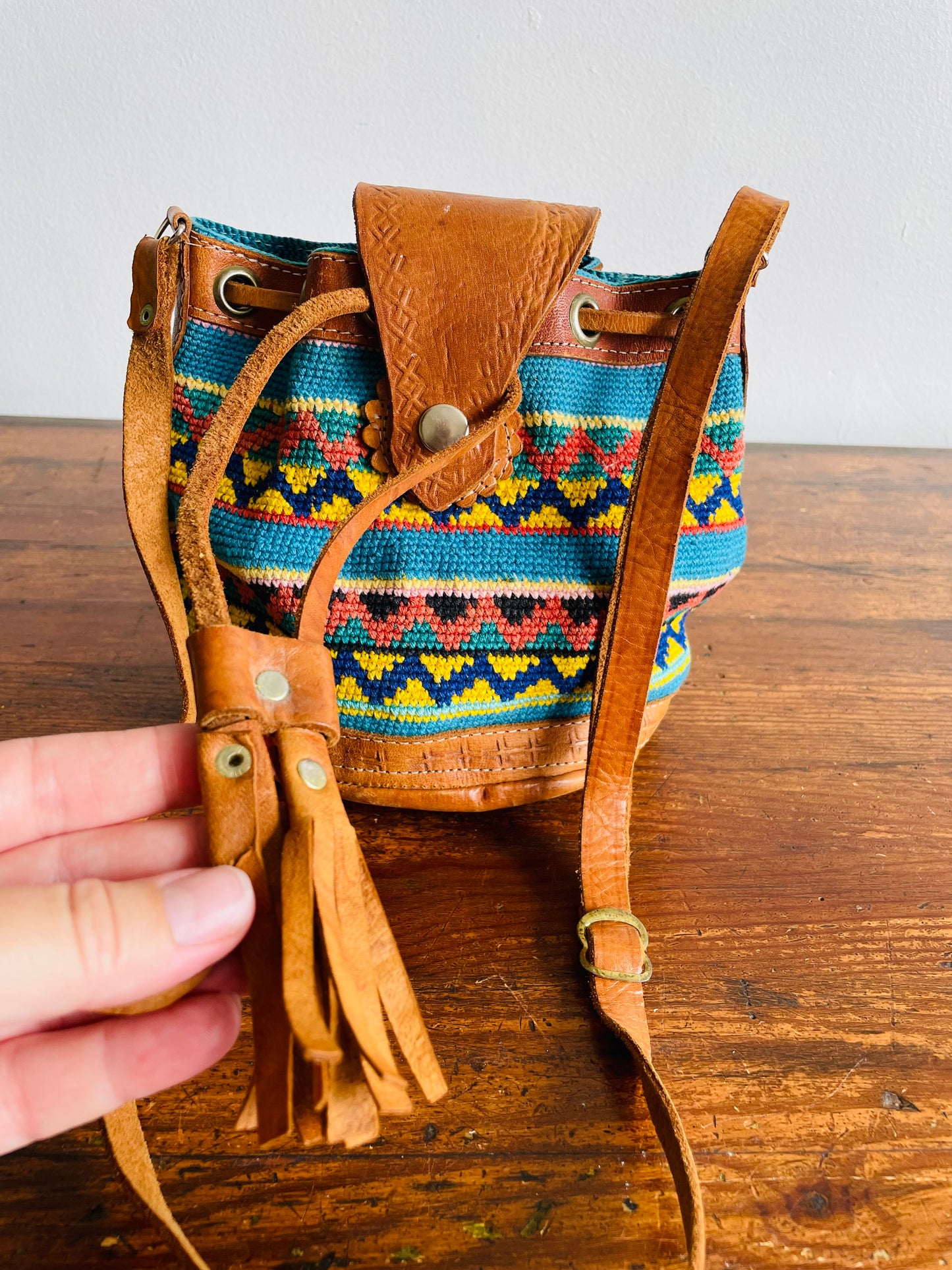 Tooled Leather & Brightly Woven Tapestry Fabric Purse