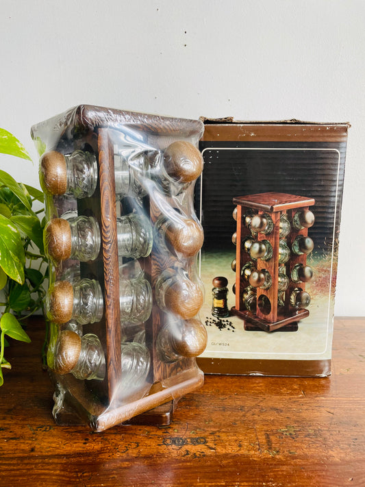 Vintage Brand New Wood & Glass Rotating Revolving Spice Rack Lazy Susan with 16 Spice Jar Containers in Original Box - Includes Spice Name Stickers
