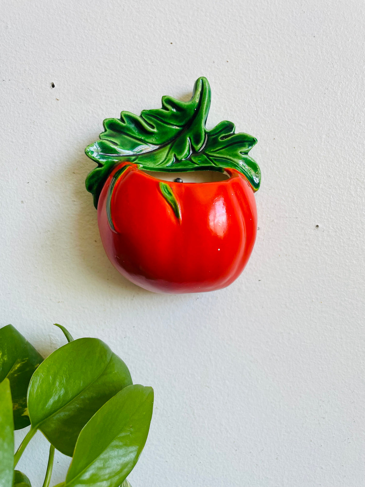 Vintage Red Tomato Wall Pocket Hanging Planter Vase - Kitschy Fun Decor